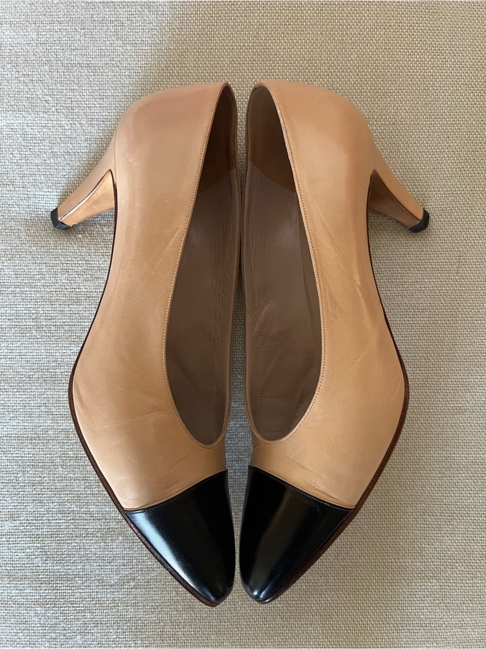 CHANEL Two-Tone Beige and Black Pointed Toe Pumps - Picture 2 of 5